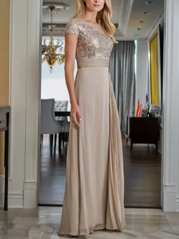 

New Mother of the Bride Dress Champagne Chiffon Sequin Scoop Neck Floor-Length Straight Short Sleeve with Pleats Formal Wedding
