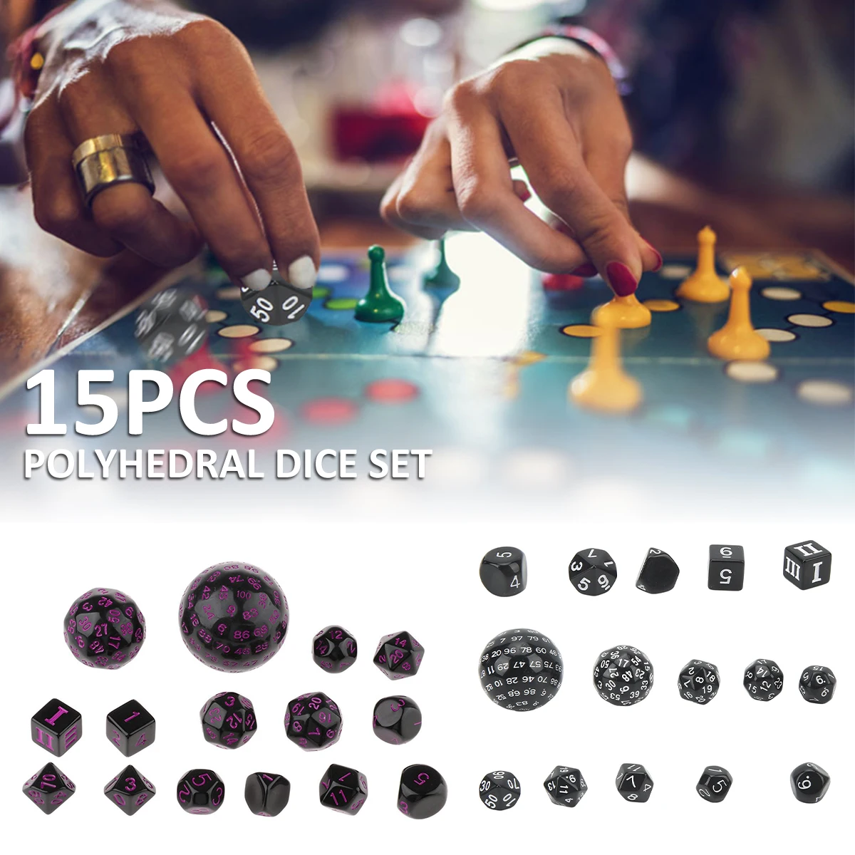 

15Pcs Polyhedral Dice Set D3-D100 Game Dice Set Decorative Purple Black Table Game Dice Portable Roleplaying Dice Kit Assortment