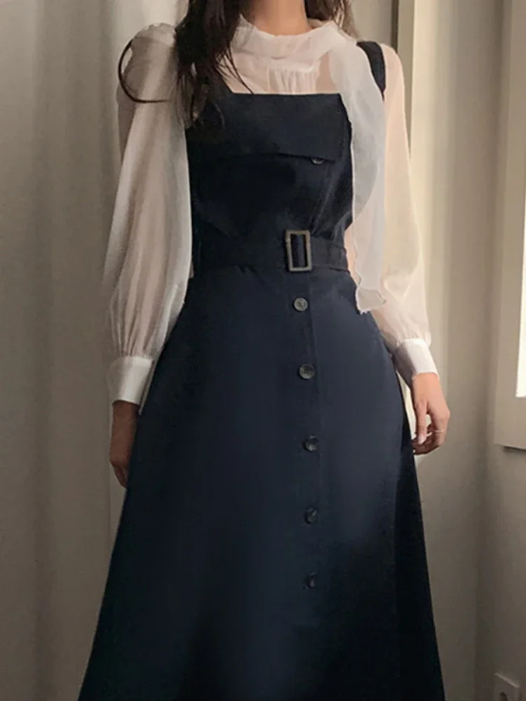 Повседневное модное женское платье на подтяжках в стиле сафари двубортное с