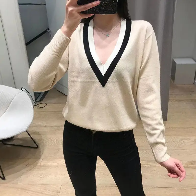 

Women Contrast Ribbon Sweater V-Neck Sweet Long Sleeve Autumn Winter Loose Knitted Pullover