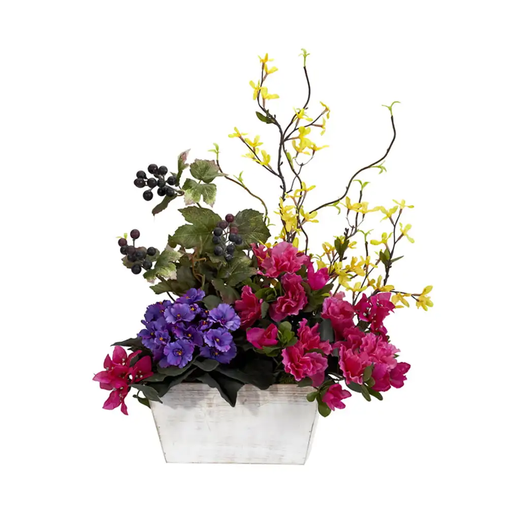 

Mixed Floral with Azalea and White Wash Planter Silk Arrangement Wedding Party Vase Home Autumn Decoration Fake Flower
