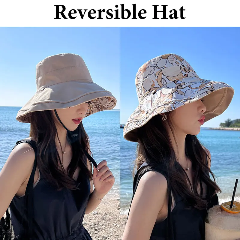 

2023 Summer Print Reversible Sun Beach Hat Woman Girl Outdoor Travel Vacation Fisherman Cap Wide Brim 12.5cm Visor Hat