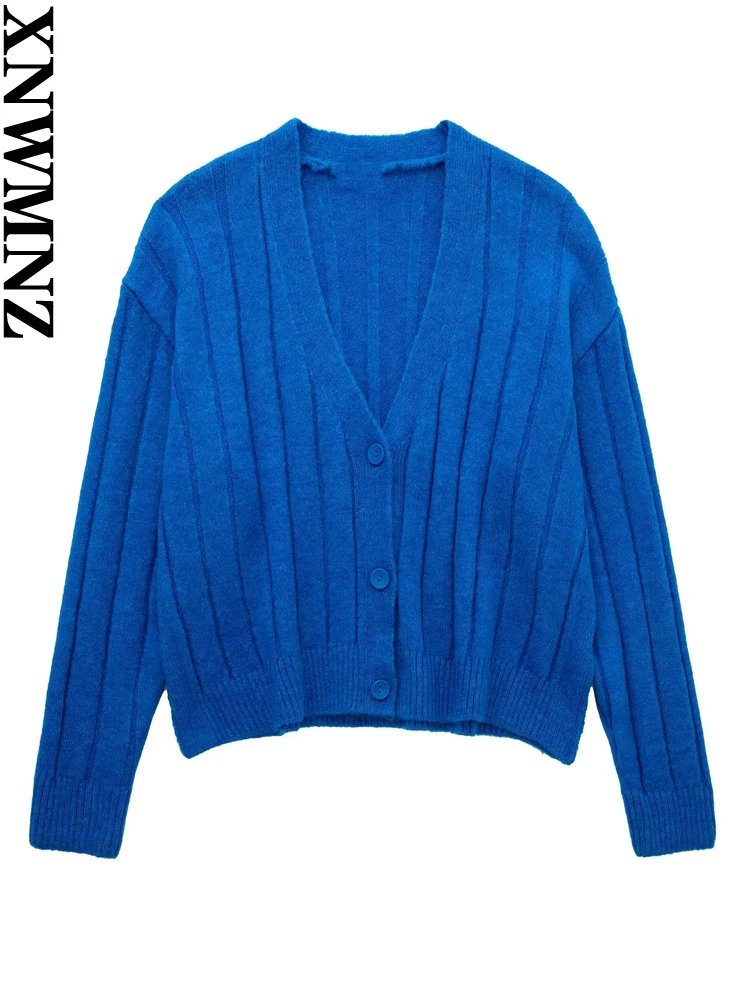 

XNWMNZ 2022 Women Fashion Ribbed Knit Cardigan Sweater Vintage Long Sleeve Front Button V-neck Casual Female Outerwear Chic Tops