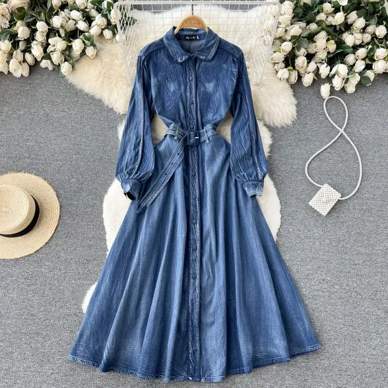 

Spring 2022 New Turn Down Collar Retro Waist Sashes A-LINE Mid-Calf Casual Denim Dress for Women