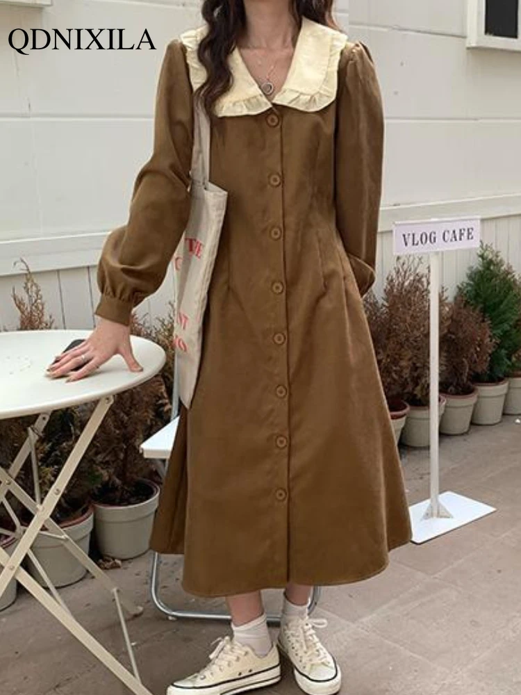 

Korean New In Dresses for Women 2023 Spring Autumn Vintage Elegant Corduroy Lace-up Shirt Dress Plus Size Fashion Women Clothing