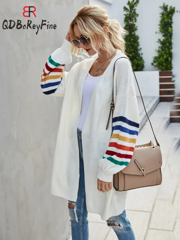 

Women Knitted Cardigans Sweater Autumn Winter Loose Rainbow Stripes Fall Coats Casual Chic Long Cardigans for Women 2023 Fashion