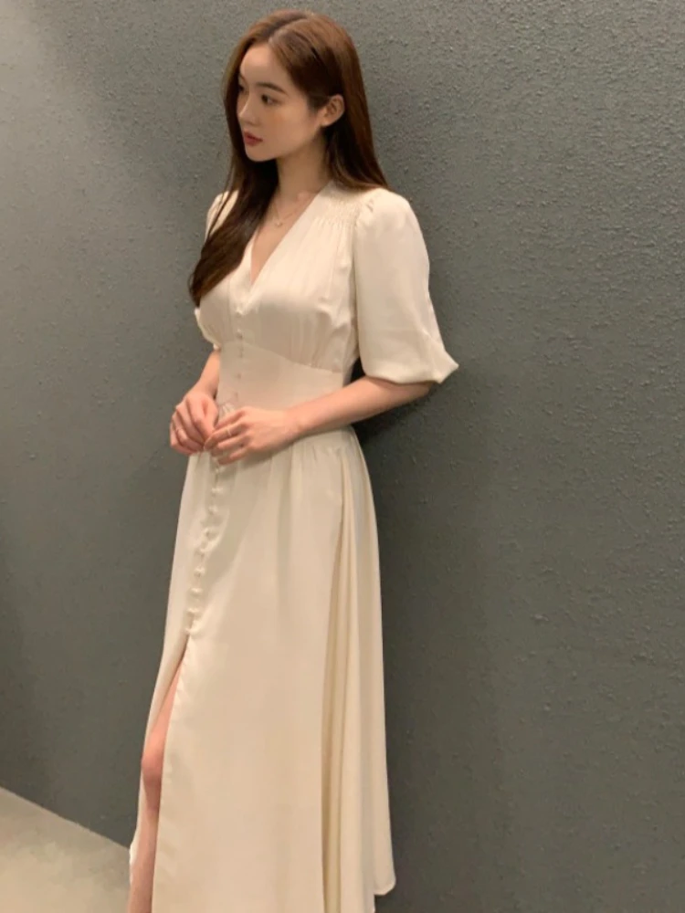 

Летнее винтажное платье Korobov, однобортное платье с V-образным вырезом и пышными рукавами, шикарная юбка с разрезом на талии, корейская мода, платья для женщин