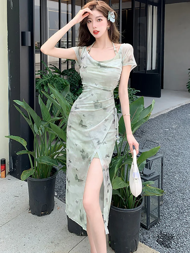 Женское длинное пляжное платье с принтом элегантное облегающее в Корейском