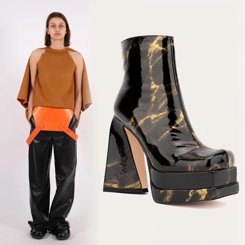 

Marble Pattern Platform Square Toe Boots High Heeled Patent Leather Ankle Botines Women Side Zip Chunk Heel Botas Femininas