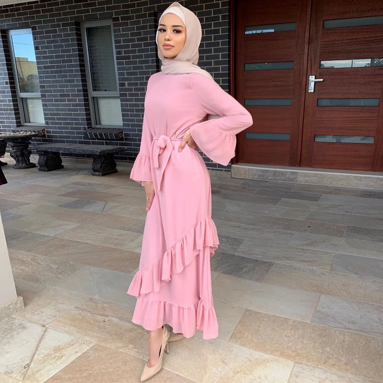 Muslim Fashion Ethnic Long Dress with Ruffle Edge Panel Flare Sleeve Kaftans for Women Muslim Dress Modest Hijab Dress Abayat