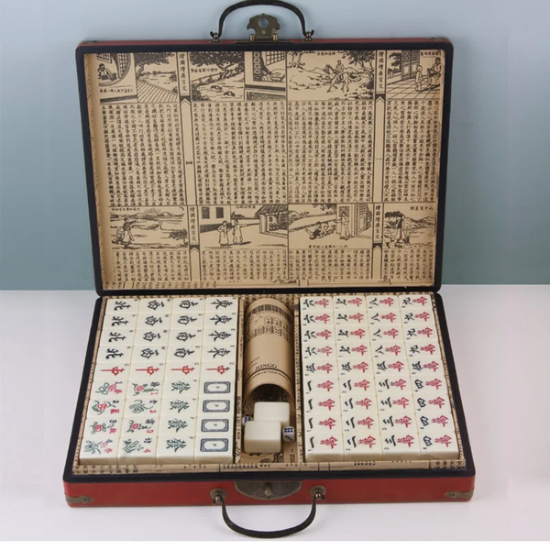

Antique Mahjong Boxed English Travel Abroad Mahjong Dormitory Mahjong with Antique Leather Box Fu Lu Shou for Foreigners