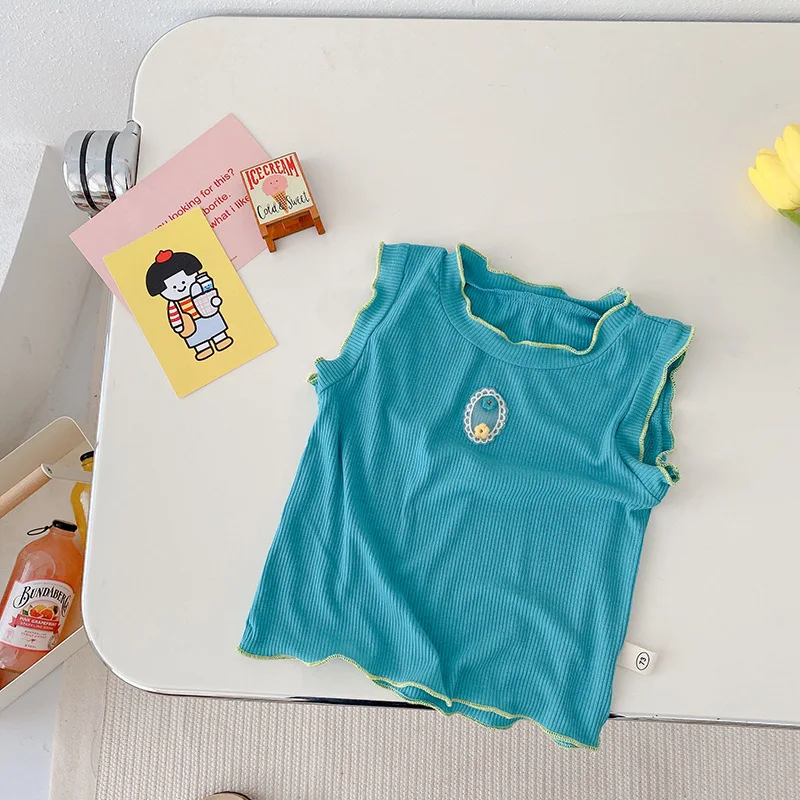 

Summer Girls Lace Vest Kids Flowers Ribbed Cotton Soft Vest Cute Children Sleeveless Tops 1-6Y