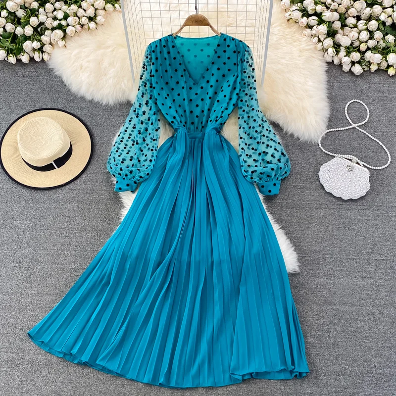

Spring and autumn fashion ladies temperament elegant long skirt long sleeve V neck waist slim lady pleated dress