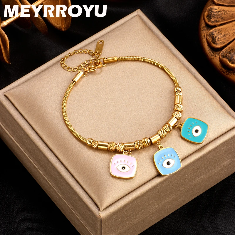 

MEYRROYU 316 Stainless Steel Colorful Eyes Snake Chain Charm Beads Bracelet for Women Party Jewelry Gifts pulseras mujer Bijoux