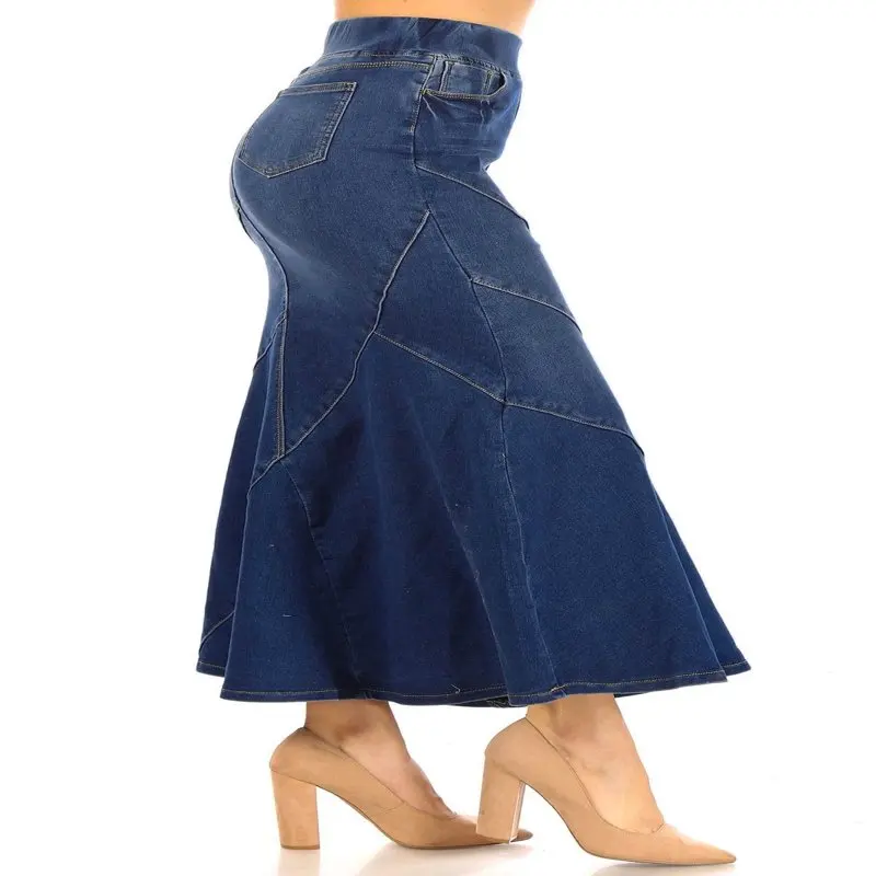

Women's Plus Size Mermaid Shape Stretch Denim Long Skirt with Soft Elastic Waistband - Juniors/Teens Styles Available.