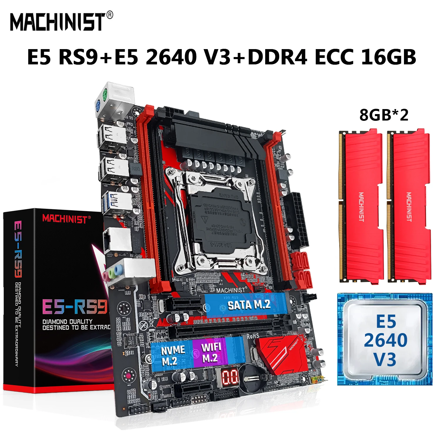 Machinist x99 motherboard lga 2011-3 set kit com intel xeon e5 2640 v3 cpu 16g = 2*8g ddr4 ecc ram 2133mhz M-ATX nvme m.2 e5 rs9