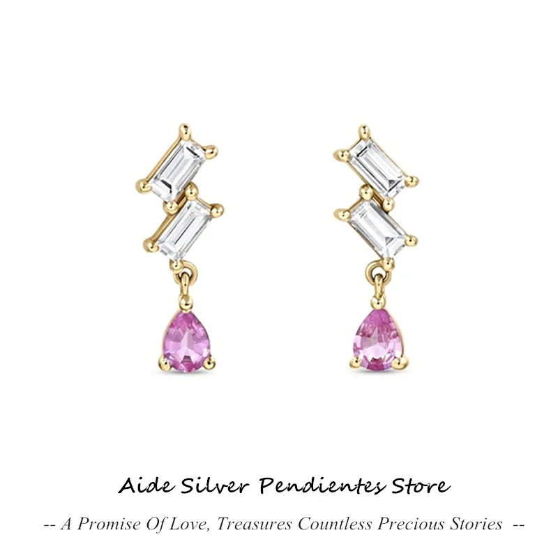 

AIDE Pink and White Geometric Water Drop Crystal Women's Step Earrings 100% 925 Sterling Silver Luxury Piercing Fashion Jewelry