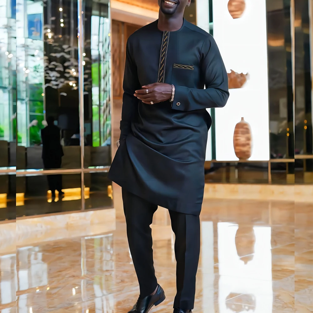 

Wear Long Ethnic Sleeve Wedding Outfit Pocket Mens Casual Suit Sets Shirt Tee Men's Pants 2Piece Top Business Embroidered homme