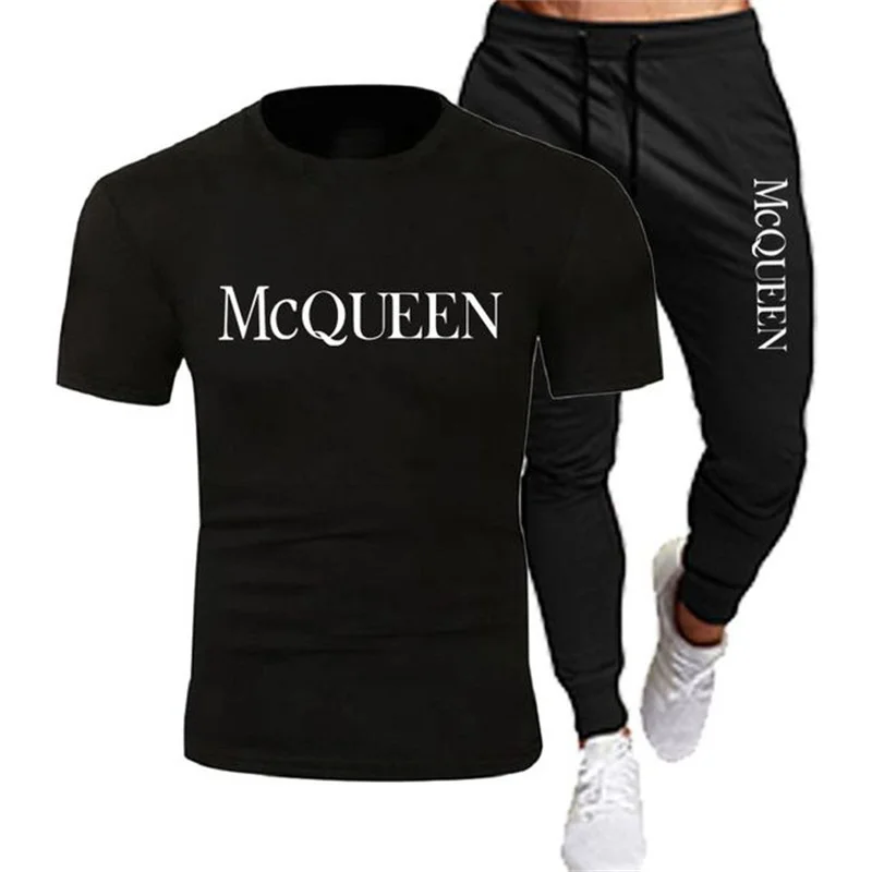 2023 MCQUEEN men's shirt sports suit two-piece men's casual fitness sports suit short-sleeved T-shirt+trousers men's casual spor
