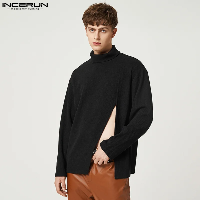 

Футболка INCERUN мужская с длинным рукавом, однотонная водолазка с разрезом, Повседневная Уличная одежда, стильная Свободная рубашка, S-5XL, 2022