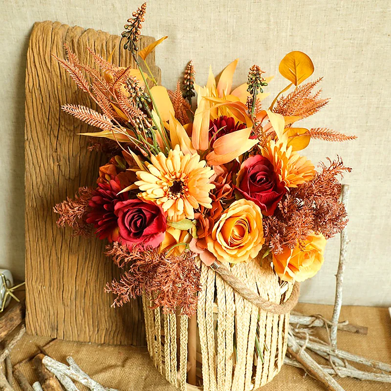 

New Height Simulation Autumn Rose Flower Straw Colorful Artificial Bouquets Valentine's Day Gift Home Tabletop Decoration