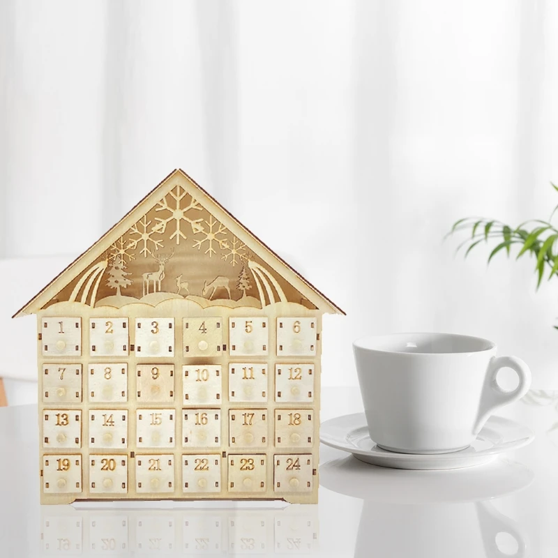 

Elk Snowflake Wooden Christmas Countdown Calendar LED Lighted Wood House Xmas Party Decor Advent Calendar 24 Storage