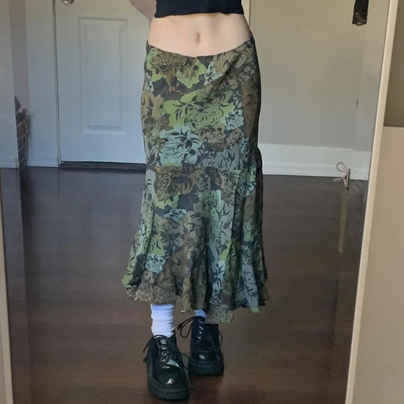 

Y2K Retro Indie Graphic Print Skirts Chic Women Harajuku Korean Vintage Grunge Long Skirts Preppy Aesthetics Holiday Streetwear