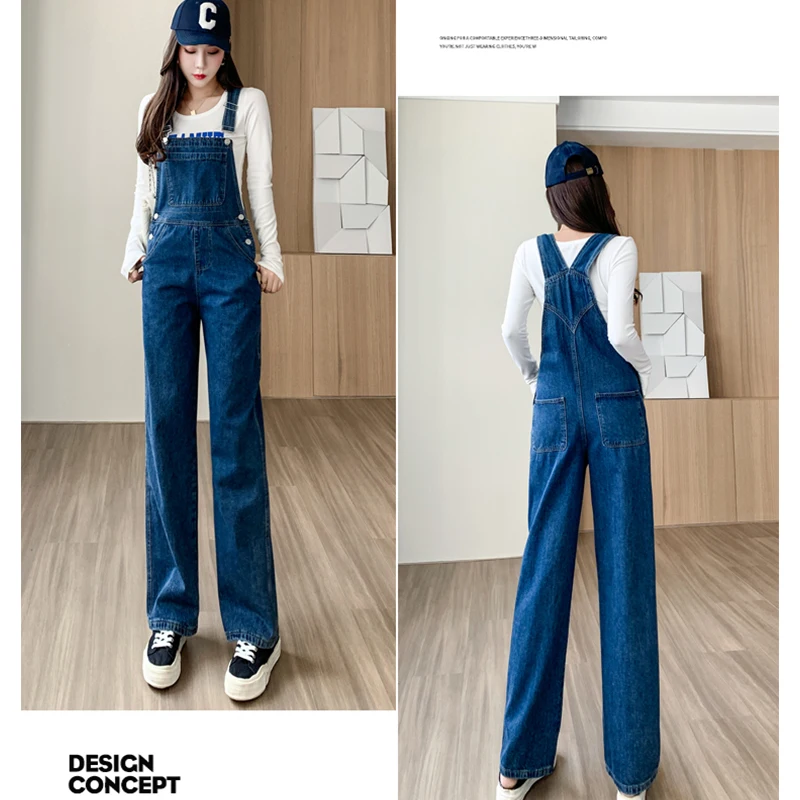 Denim strap pants women's pants versatile for commuting leisure and all-season wear retro blue loose dad pants wide leg pants