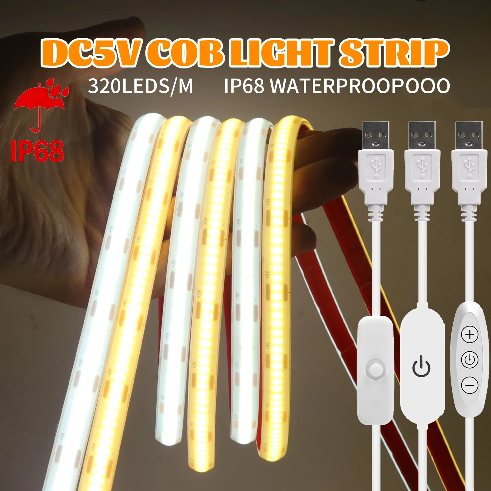Водонепроницаемая светодиодная лента IP68 с COB матрицей гибкая USB 5 В 320 светодиодов