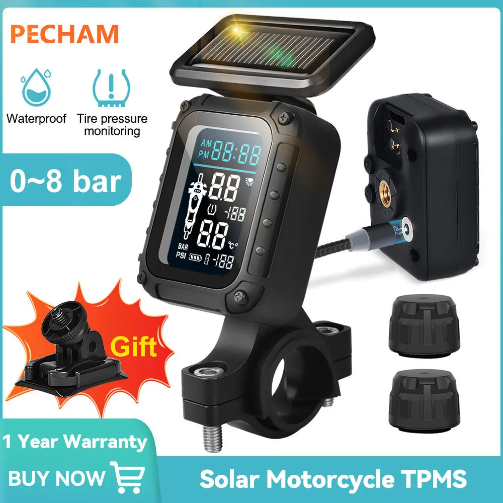PECHAM TPMS Solar Motorcycle Tire Pressure Sensors 0~8bar Motor Tire Pressure Monitoring System External Sensor for Motorbike