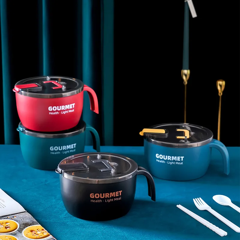 

1300ml 13.5*9.5cm Dinnerware Noodles Bowl Tableware Stainless Steel Large Capacity Portable Drainable Lunch Box with Cutlery