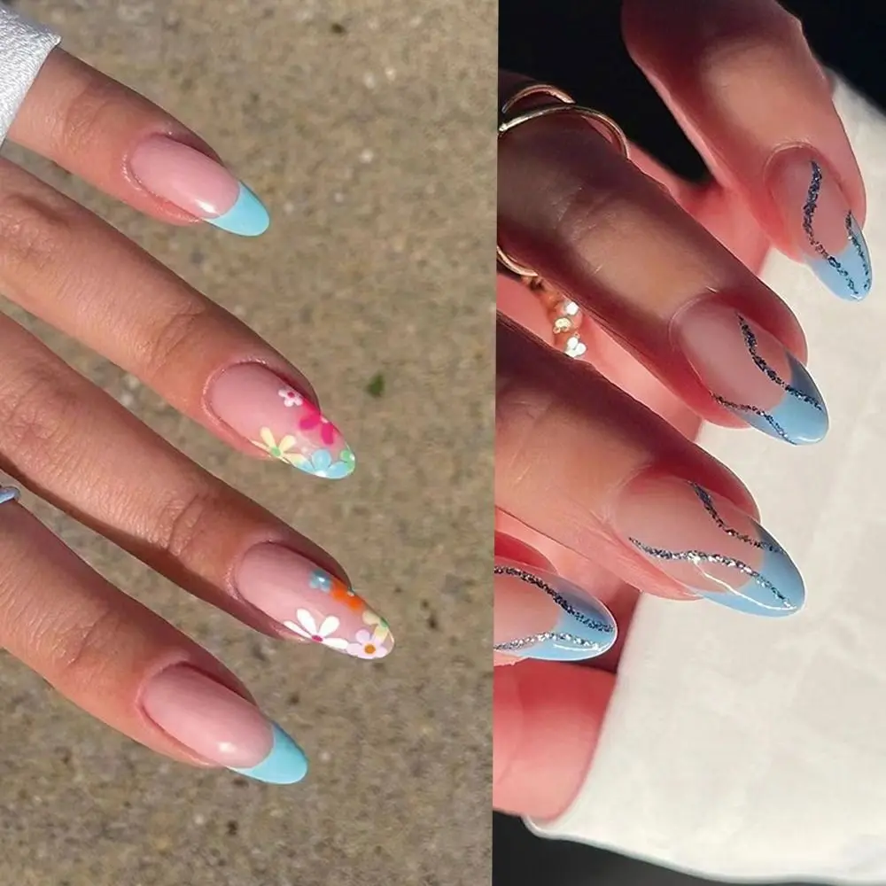 

HEALLOR 24pcs Press on Nails False Nails Blue Flowers Full Cover Fake Nails French Short Almond