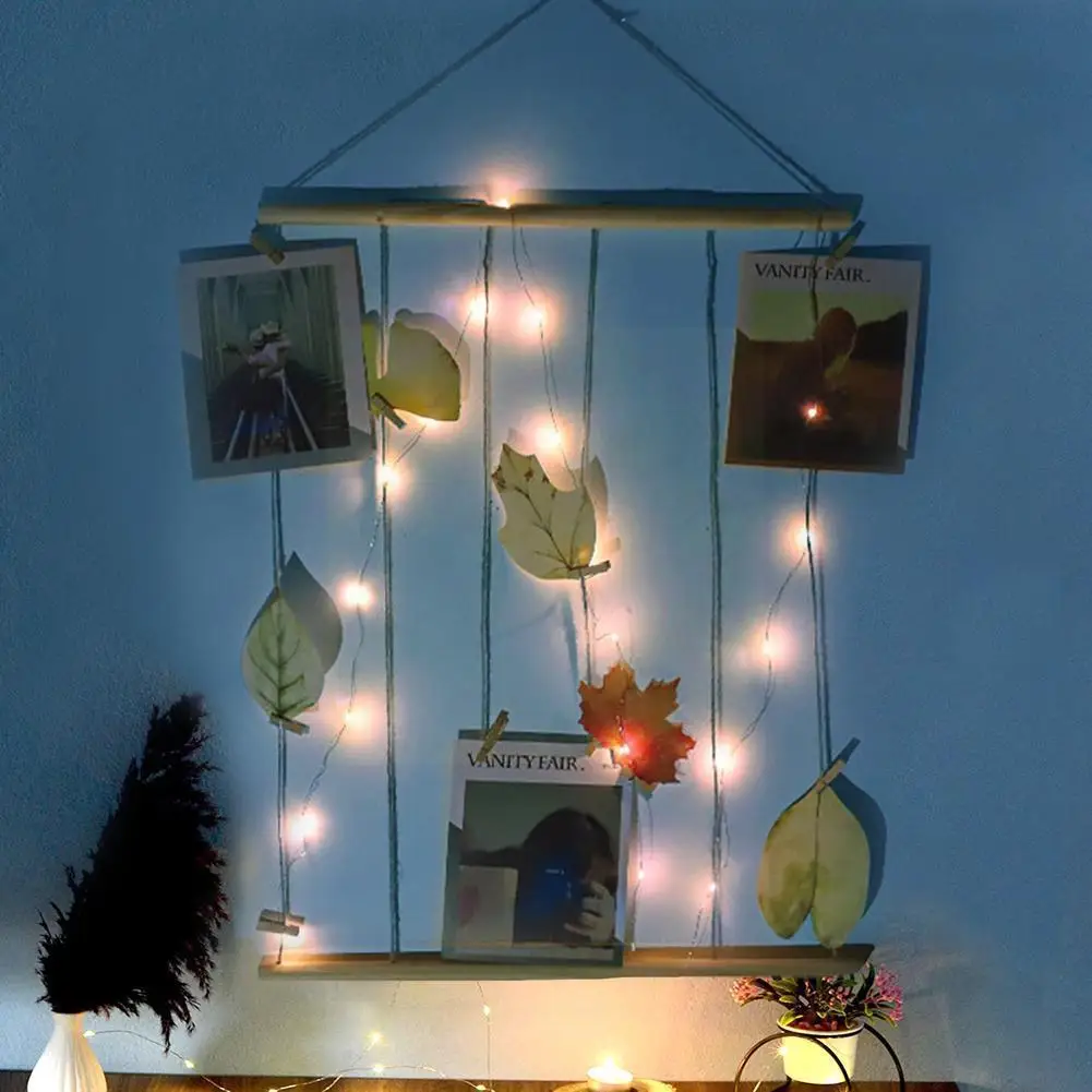 

Handmade Wood Drawstring Illuminated Photo Hanger Clips Photo Photo Collage Display Wall Frame String Led Hanging Light Cli J8g6