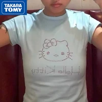 takara tomy summer rhinestone hello kitty cute y2k slim short sleeved girls short cotton short womens half sleeved top tee