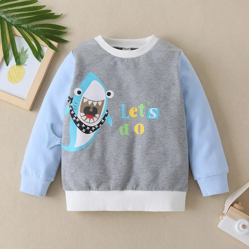 

New Cotton Kids Clothes Letter Cute Cartoon Shark Patchwork Long Sleeve Sweater Tops Comfortable Sport Baby Boy Clothes 1-6Y