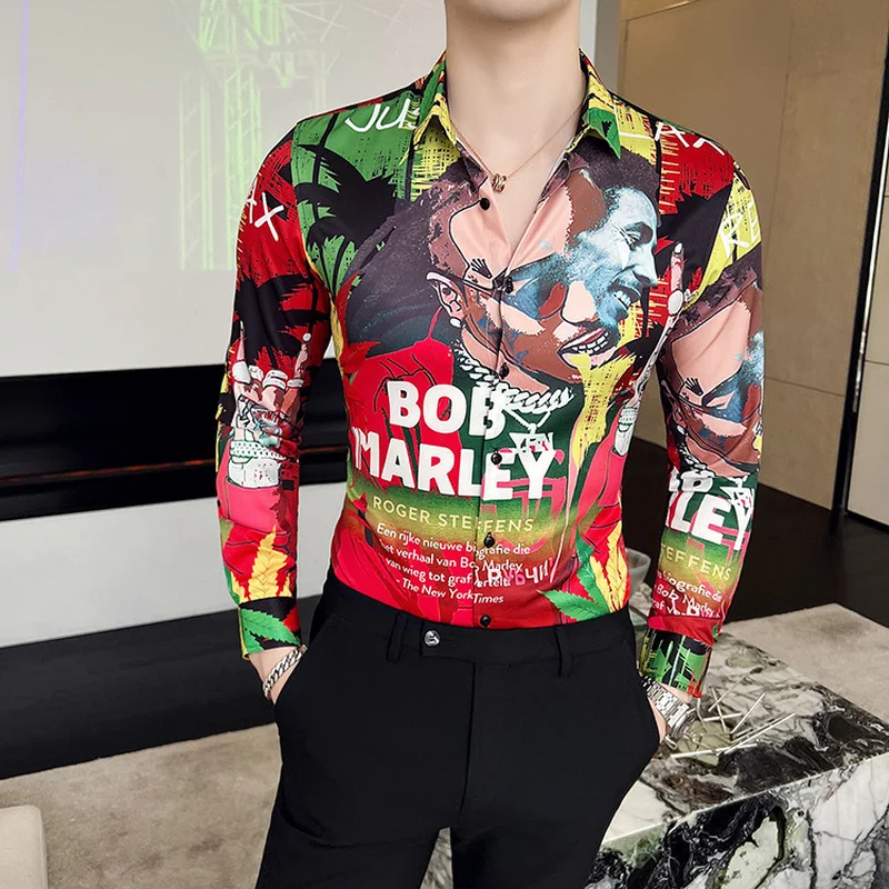 

Vintage Print Shirts for Men 2022 Long Sleeve Slim Casual Shirt Social Party Tuxedo Blouse Male Clothing Singer Stage Streetwear
