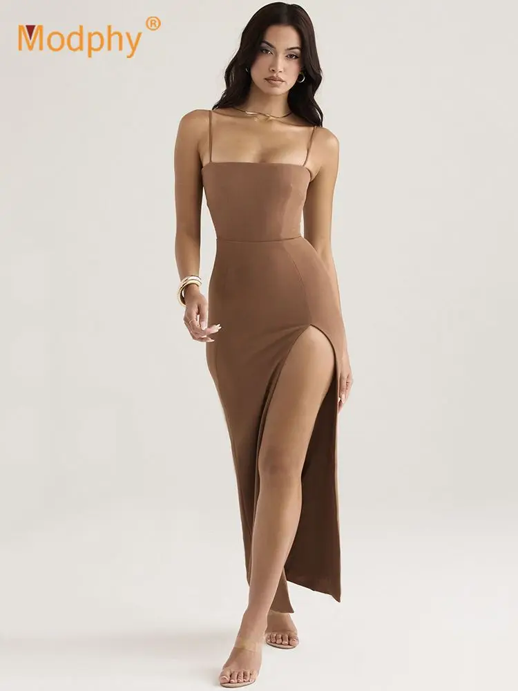 

2022 Summer New Brown Midi Dress Women's Sexy Sleeveless Slim Spaghetti Strap Dresses Club Celebrity Evening Party Vestidos