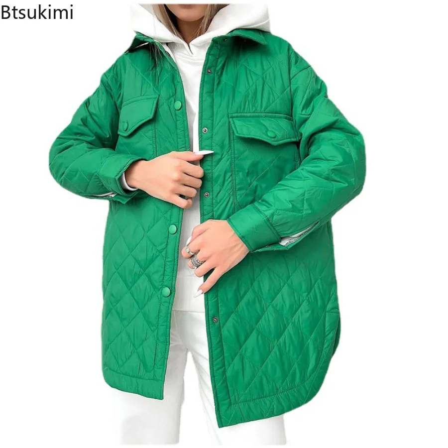 New Women's Winter Jacket Super Hot Single-breasted Lapel Long Green Loose Warm Plaid Top Casual Streetwear Quilted Coats Female