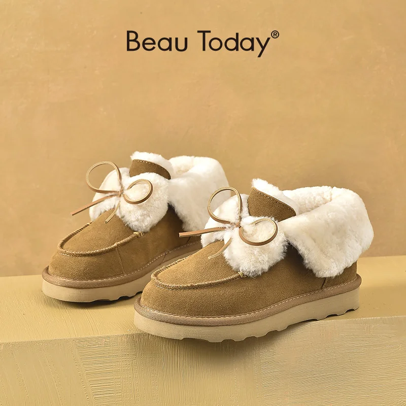 

Loafers Winter Women Cow Suede Leather Round Toe Slip-On Warm Wo Bowknot Decoration Ladies Flat Fur Shoes 27841