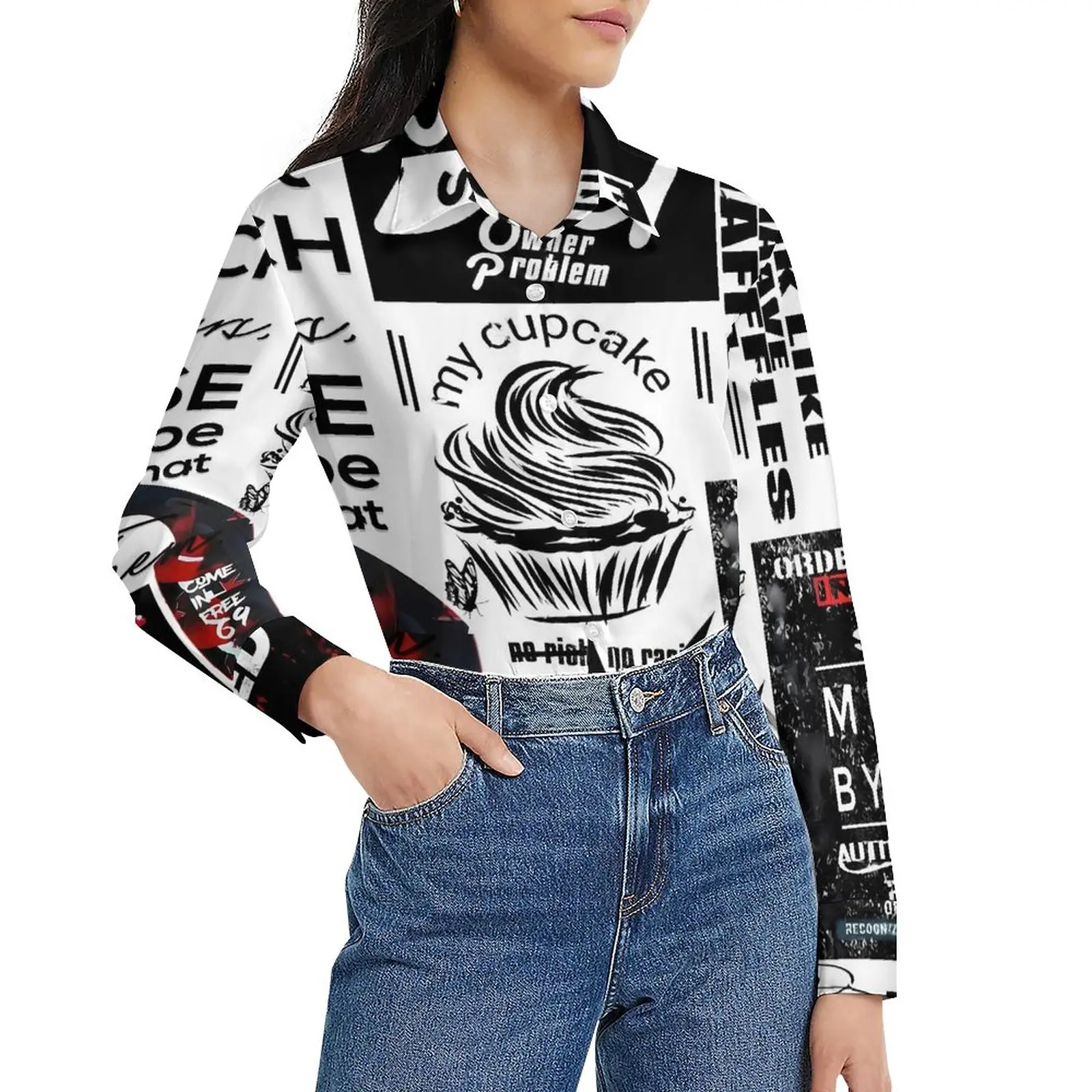 

Newspaper Report Blouse Long-Sleeve Retro Letter Print Office Blouses Woman Streetwear Oversized Shirts Custom Tops Gift Idea