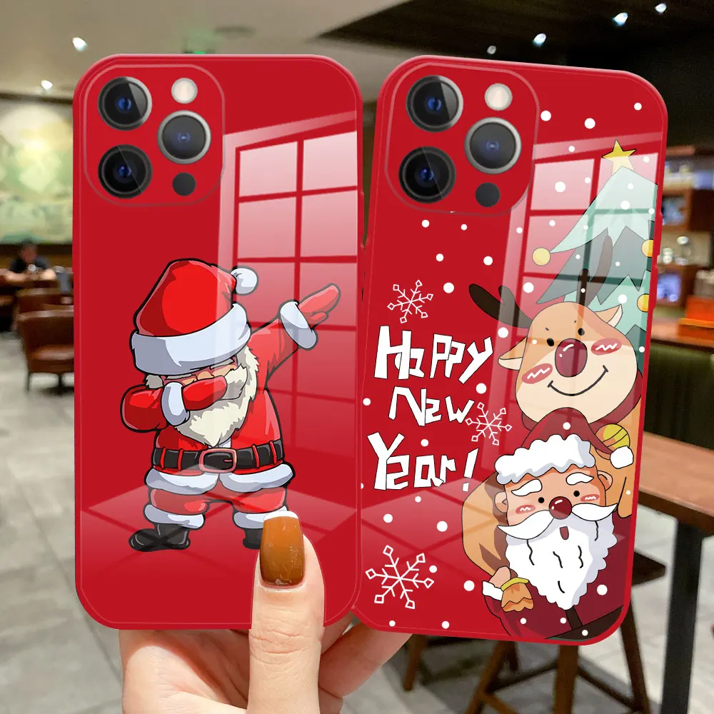 

Christmas and New Year gift red glass Phone Case For iPhone 14 Pro max 13 Pro Max 11 Pro Max 12 Pro Santa Claus elk Cover Fundas