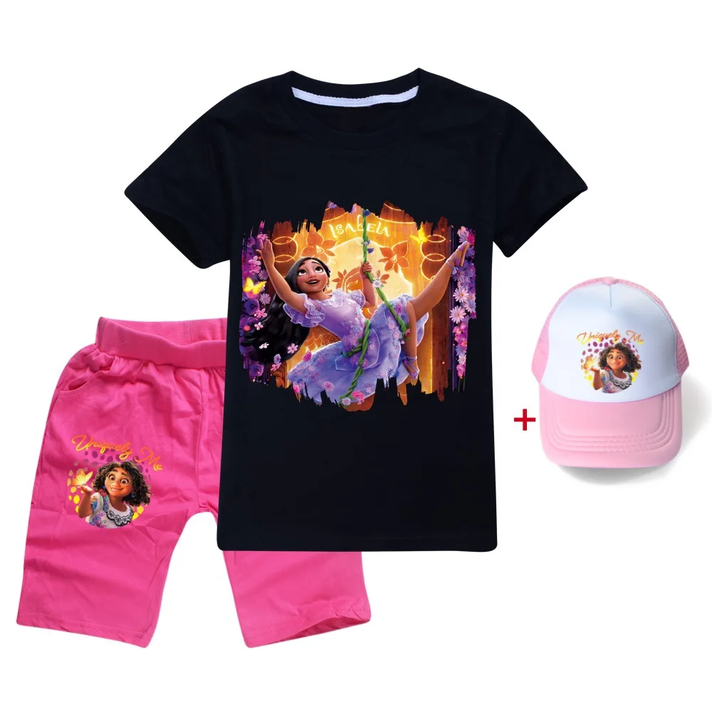 

2022 Disney Movie Encanto Summer Baby Boy Clothes Cartoon Girls Kids Top Short Sleeve T-Shirt + Shorts + Cap 3 Piece Set 2-16Y