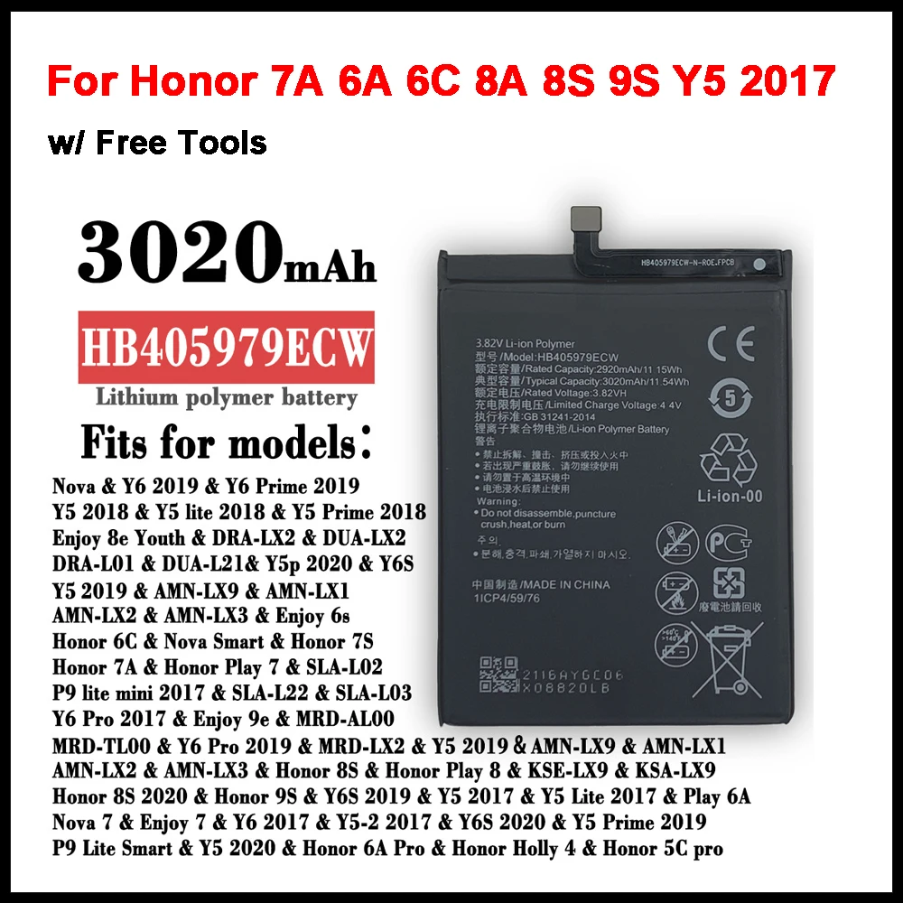 

Аккумулятор HB405979ECW для телефона Honor 7A 6A 6C 8A 8S 9S Y5 2017 Nova Lite 2017 3020 мАч