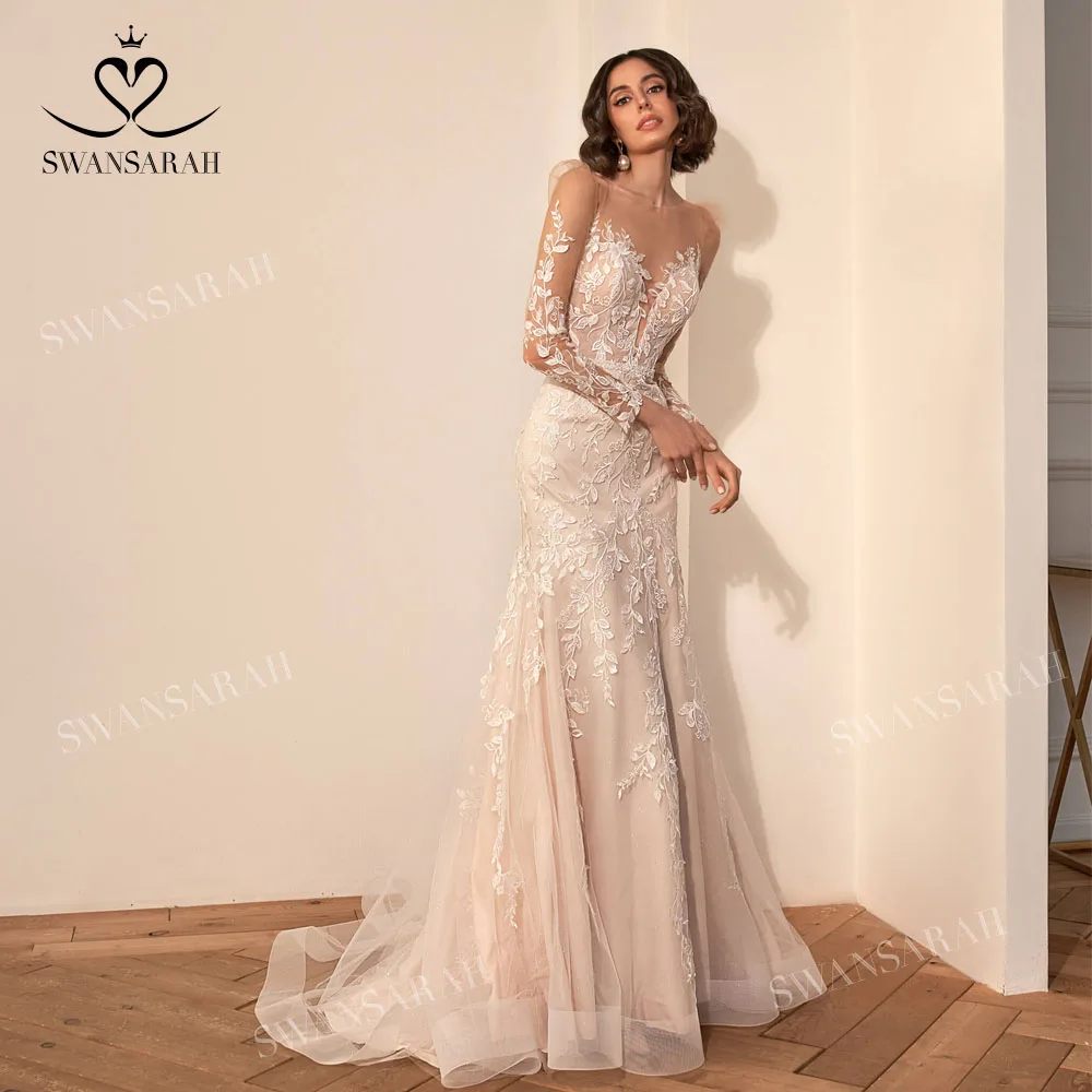 

Long Sleeve Wedding Dress 2022 Sweetheart Crystal Sashes Mermaid Court Train Princess Vestido De Novia SwanSarah N421 Bride Gown