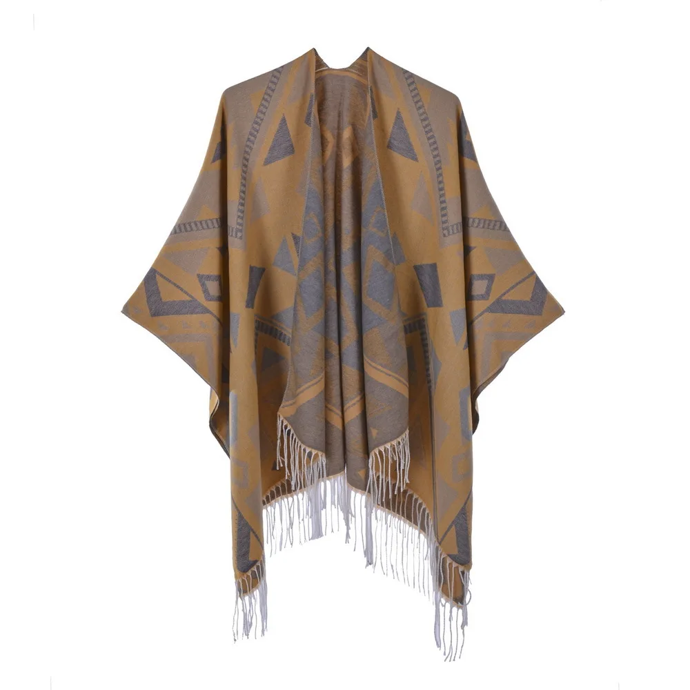 2022 Women's Tassel Split Cape Double-sided Imitation Cashmere Like Thickened Warm Large Cloak Blanket Autumn Ponchos p3