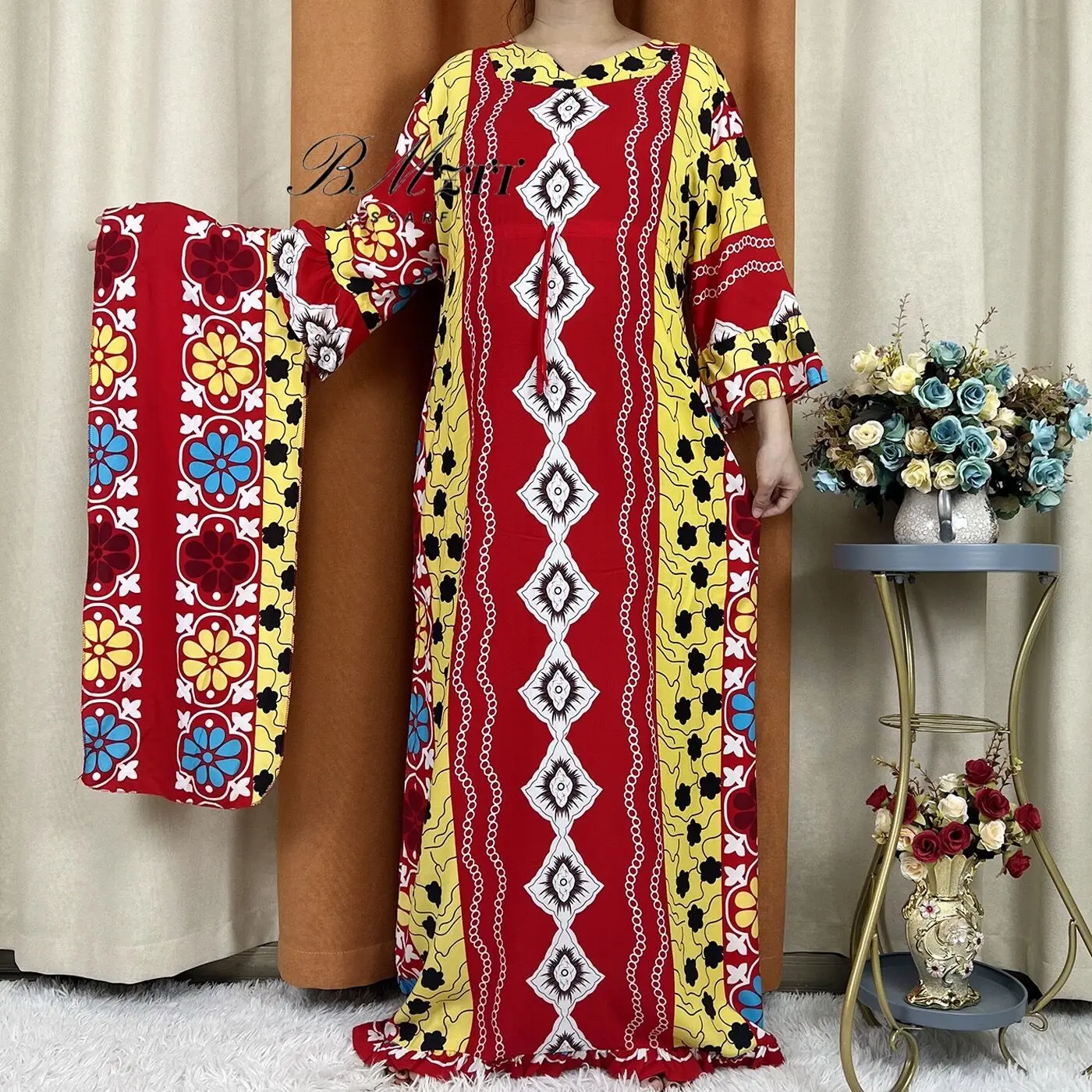 

New Fashion Dashiki Dresses Summer African Women's Floral Long Sleeves Holiday Style High Waist Bohemian Dress