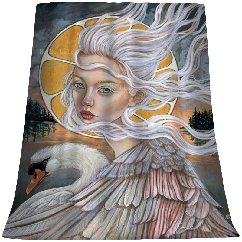 Пернатая женщина с белыми волосами лебедь в руках фланель от Ho Me Lili подходит для
