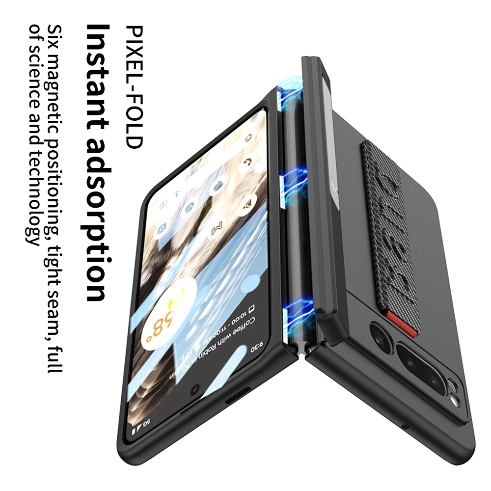 Magnetic Hinge Case For Google Pixel Fold Wrist Strap 360 Full Protector Kickstand Cover For Pixel Fold Shockproof Armor Cases