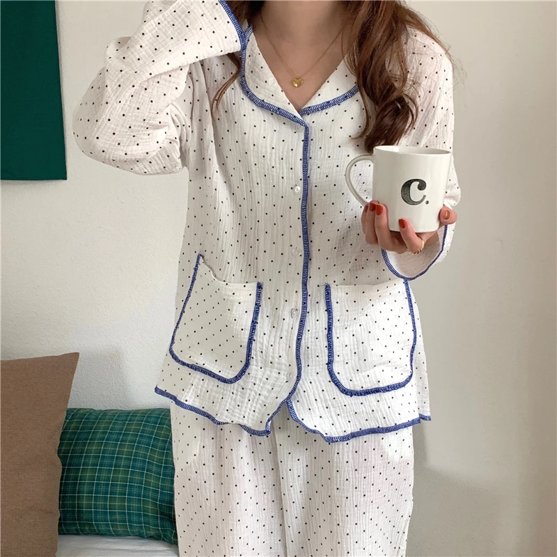 

Soft Autumn Winter Warm Home Simple Korean Pajamas set Kawaii Dots Elegant Vintage Casual Loose Long Sleepwear Cotton Striped