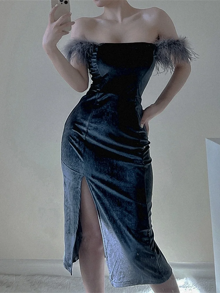 

Split WOMENGAGA Formal Dress Velvet Irregular Slim Hip Strap Hairy Tank Office Lady Party Long Dresses Korean Sexy Hot Top OG5I